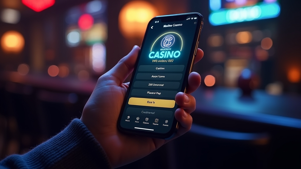 Logged-in mobile casino app interface with one-hand navigation and neon lighting