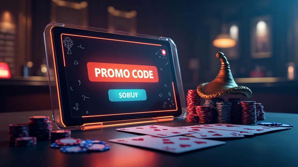 Casino screen showing a promo code field with gold-themed rewards in a dark lobby