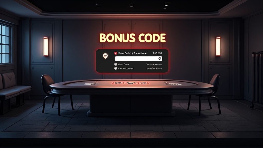 Bonus code form with verification and payment icons in a dark casino control room