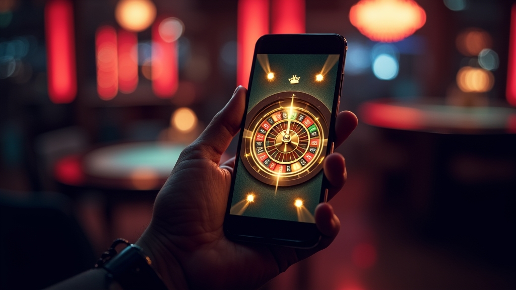 Smartphone showing a sleek mobile casino lobby in a dark neon setting
