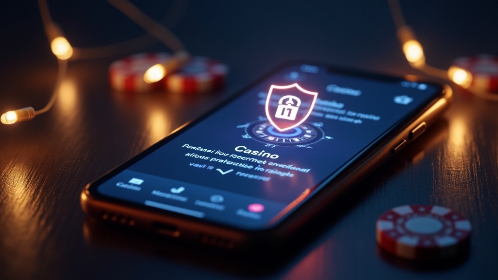 Smartphone download page with security checks and casino-themed lighting